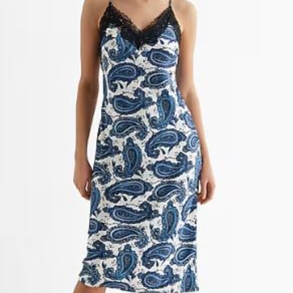 Satin Printed Lace Trim V-Neck Midi Downtown Cami Slip Dress - Picture 4 of 5